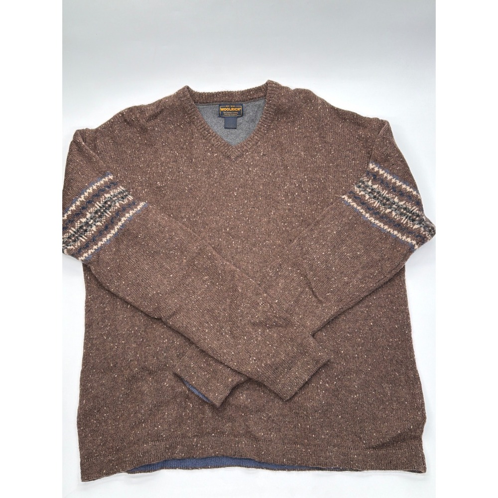 Woolrich Mens XL Brown‎ Wool V-Neck Sweater Fair Isle Sleeve Sepia Vintage